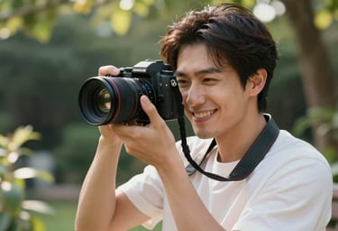 A candid portrait of the photographer holding a camera, smiling warmly in a sun-drenched garden setting.
