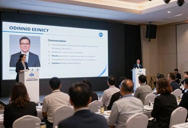 Professional business seminar presentation with a speaker at the podium and seated audience.