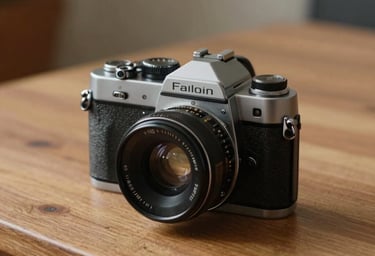 Detail shot of a vintage camera sitting on a wooden table in a North American studio, warm natural light, cinematic still life atmosphere.