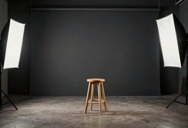 A wide shot of a minimalist photography studio in Buffalo, NY, dark charcoal walls, simple wooden stool, soft off-white lighting equipment, North American / US industrial aesthetic.