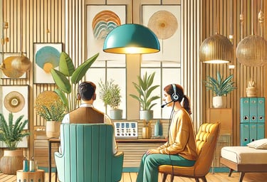 a man and woman sitting at a desk in a room