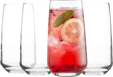 Set of four tall highball glasses featuring a refreshing red iced cocktail with lemon and mint.