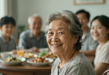 Authentic smile of a grandmother during a family gathering, soft focus background, cinematic grain, #E2D7C3 tones.