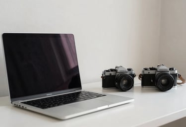 A minimalist workspace with a modern laptop and a vintage film camera, off-white walls, North American / US home office style, clean and professional.