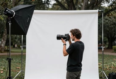 Behind the scenes photography of a photo shoot in a South American / Colombian park, professional lighting equipment visible, soft white and charcoal black tones.
