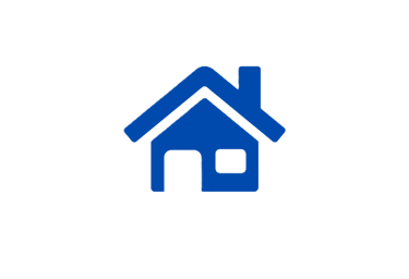 Blue home icon with chimney and window isolated on a black background.