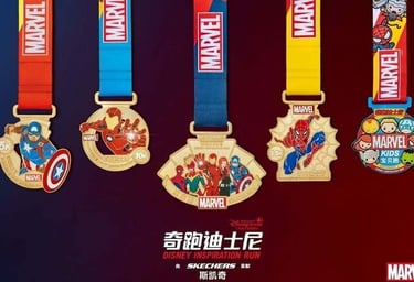 The 2020 Shanghai Disneyland Inspiration Run 3.5K, 5K, 10K, Challenge and Kids' Race medals featurin