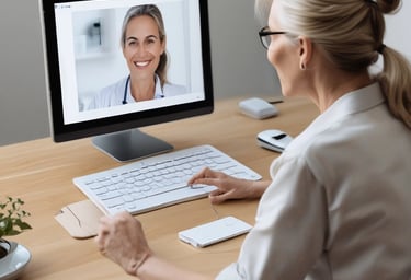 A diverse group of medical professionals consulting around a digital tablet in a bright office.