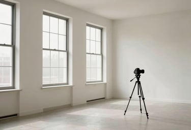 A wide, minimalist shot of a professional photography studio in the US. Large windows with soft light, off-white walls, and a single black camera tripod. Clean, professional workspace.