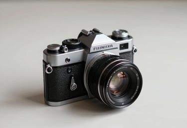 A still-life photograph of a vintage film camera resting on a minimalist off-white surface. The lighting is soft and professional, highlighting the silver metallic details of the lens. The style is sophisticated and calm, typical of a modern North American / US studio.