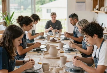 A lively group of ceramists sharing ideas around a table filled with clay pieces.