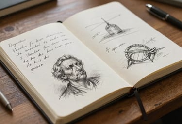 Detail of an Argentine artist's notebook with charcoal sketches and handwritten notes, resting on a wooden table in Soft off-white light.