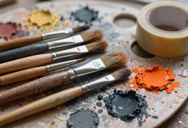 A macro shot of artist tools in an International / Urban Art Scene workshop: used brushes, a messy palette with Deep Slate Grey and Safety Orange paint, and a roll of drafting tape.