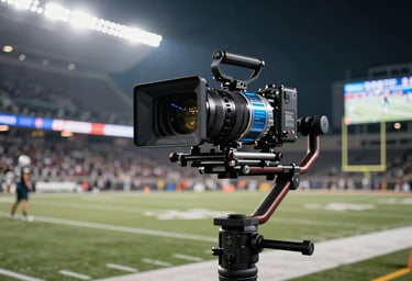 A professional high-speed cinema camera rig on a stabilizer, positioned on the sidelines of a brightly lit North American football stadium at night. The lighting is dramatic, with electric blue and ice white highlights reflecting off the metallic lens housing.