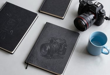 Top-down photography of a creative's desk in a studio in South America. On the light grey surface, there are dark charcoal sketchbooks, a professional camera, and a baby blue ceramic mug. High-end, organized, and professional atmosphere.