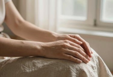 Hands in a gentle resting position on a soft linen fabric, warm domestic space, diffused morning window light, warm editorial photography, 35mm