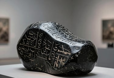 A high-fashion style photograph of a polished black stone sculpture with calligraphic engravings, resting on a smooth grey platform in a minimalist art space.