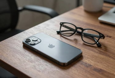A high-end smartphone and glasses on a sleek wooden desk in a Southeast Asian / Indonesian home office, soft lighting.