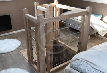 Rambarde escalier colimaçon bois, métal et vitrage bas