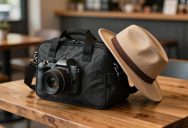 A lifestyle photo of a charcoal camera bag and a soft sand colored hat resting on a wooden table in a North American / US cafe. Warm, inviting lighting.