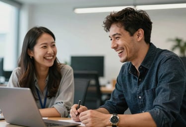 A photograph of two creative professionals in a North American / US office laughing during a productive brainstorming session.