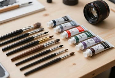 Photography of professional artist materials, including high-quality brushes and tubes of charcoal-colored paint arranged neatly on a light beige wooden work surface in a North American studio.