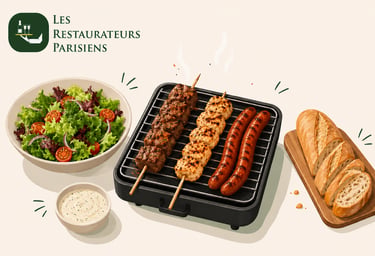 Brochettes grillées, saucisses, salade fraîche et baguette pour un festin barbecue parisien.