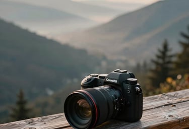 A professional camera sitting on a rustic wooden ledge overlooking a misty mountain valley, North American / US wilderness, soft morning light, muted gold and teal gray palette.