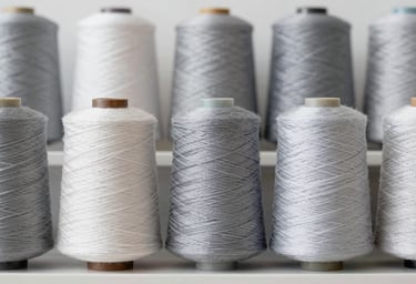 A series of Nylon yarn spools organized symmetrically on a shelf. The focus is on the smooth, lustrous surface of the thread. Colors featured include #95A5BB and soft grey.