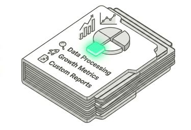 Isometric data processing folder icon featuring growth metrics, custom reports, and analytics charts.