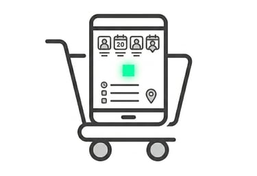 E-commerce shopping cart icon containing a smartphone with online booking and scheduling app interface.