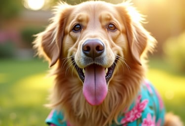 Perro con lengua de fuera sentado, tre una camisa playera de color turquesa y flores. esta sobre pasto y fondo naturaleza
