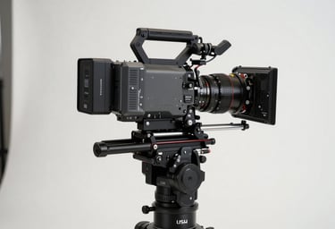 A professional cinema camera mounted on a high-end stabilizer in a North American / US production studio, charcoal gray and deep obsidian black finish, soft alabaster white studio lighting.