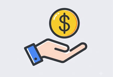 Un icono plano de una mano sosteniendo una moneda de dólar dorada, simbolizando inversión, dinero 
