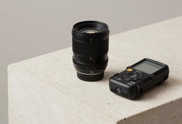 Minimalist photography of a camera lens and a professional light meter on an off-white stone surface, European / Spanish photography studio setting, clean and sophisticated aesthetic.