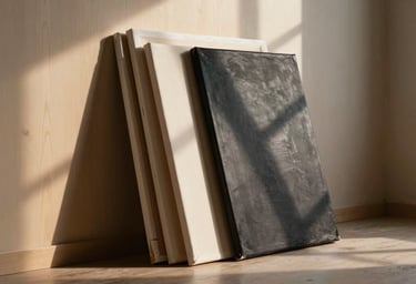 A stack of canvases leaning against a studio wall made of warm wood, soft sunlight filtering through a window casting shadows in ebony and soft cream.