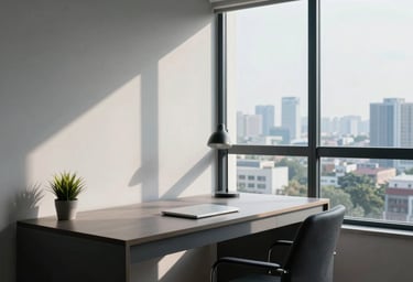 A sleek, minimalist home office in Surabaya with a view of the city through a large window. A desk with a single lamp and a small potted plant. The morning light creates long, soft shadows. Colors are light grey and dark blue.