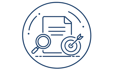 Minimal dark blue project strategy icon with document, search and target symbols for branding and web design projects