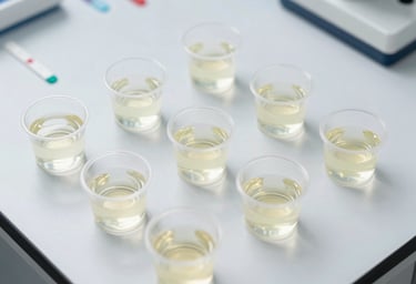 Overhead view of urine specimen cups and analysis strips arranged on a clean clinical lab bench under bright white light, no people visible