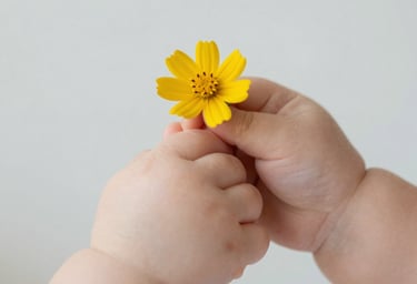 A close-up artistic shot of a baby's hands holding a small yellow flower. The background is a clean, out-of-focus light grey. Soft, natural light, warm and professional photography style.