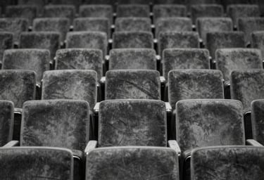 A minimalist black and white photograph of an empty auditorium with rows of velvet seats, conveying a refined and quiet North American artistic atmosphere.