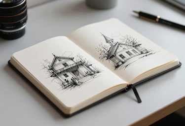 Close-up of a high-quality artist's sketchbook with architectural drawings, lying on a minimalist light gray desk. Professional and creative atmosphere.