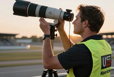 Behind the scenes shot of a photographer with a long telephoto lens at a North American / US trackside, wearing a media vest, sunset lighting, professional gear.