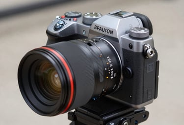Close up of a professional camera body on a tripod, track in the background, sharp focus, North American / US circuit, sophisticated grey and silver tones.