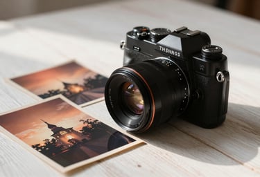 Still life photography of a camera and old photos on a wooden table, warm white and terracotta highlights, soft morning light.