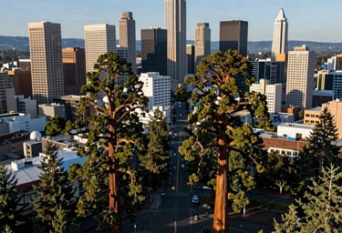 A wide aerial shot of the Eugene, Oregon skyline with several prominent Giant Sequoia trees dotting the urban landscape. Professional drone photography, North American / US Pacific Northwest style, atmospheric and majestic lighting with steel blue and dark green colors.