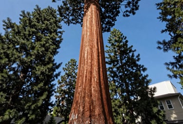 Low angle drone shot looking up the massive trunk of a sequoia tree in an urban garden in Eugene, Oregon. The reddish-brown bark contrasts with the slate blue sky and dark green foliage.