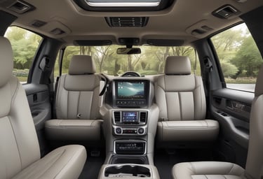 a car with a large screen and a car dashboard