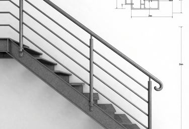 A wide shot of a modern architectural studio, featuring technical drawings on a large desk and a customized metal partition in the background. Soft natural light, professional and clean environment.