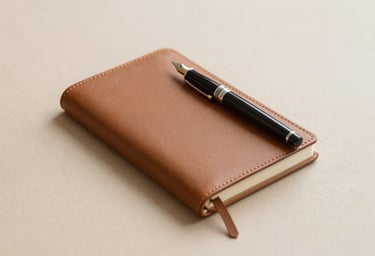 A minimalist studio shot of a fountain pen and a leather-bound notebook on a #D4C1A5 beige surface, symbolizing the start of new collaborations.